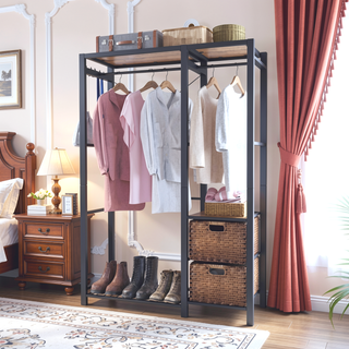 Sunvega Acacia Wood Garment Rack with Shelves 2 Wicker Drawers and 4 Hooks