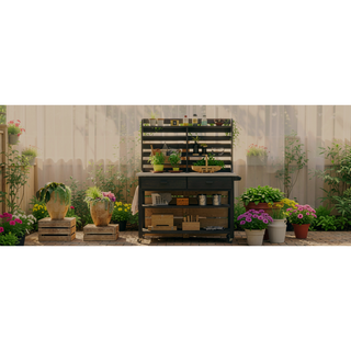 Sunvega Fir Wood Outdoor Potting Bench with Stainless Steel Top and Lockable Wheels