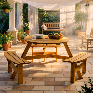 Sunvega Fir Wood Picnic Table with 2 Benches 75 Inch Dining Surface 2220lb Capacity