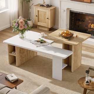 Sunvega Set of 2 Wood Finish Nesting Coffee Tables for Farmhouse Living Room
