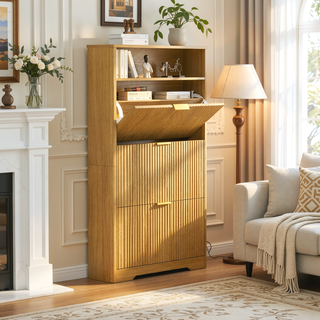 Sunvega Tall Modern Minimalist Shoe Cabinet with Two Flip Drawers and Wave-Patterned Panel