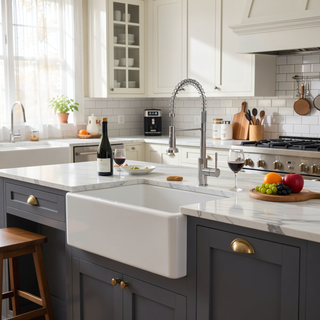 Sunvega 33 Inch White Porcelain Ceramic Farmhouse Kitchen Sink Workstation with Reversible Apron