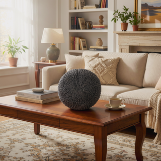 Sunvega Handmade Knit Weave Round Pouf from Recycled PET Yarn for Indoor Outdoor