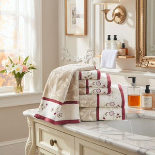 Sunvega Elegant Cotton Jacquard 6 Piece Towel Set with Floral Embroidery