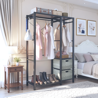 Sunvega Acacia Wood Garment Rack with Shelves 2 Wicker Drawers and 4 Hooks