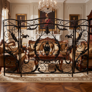 Sunvega Traditional Iron Fireplace Screen with Three-Panel Design and Floral Accents