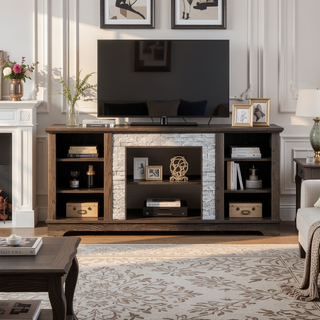 Sunvega Modern Faux Stacked Stone Mantel TV Media Stand with Open Storage