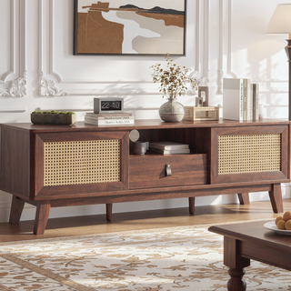 Sunvega Mid Century Modern Rattan TV Stand Media Console with Drawer and Cabinets