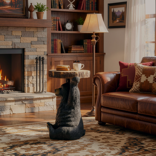Sunvega Black Bear MGO Pedestal End Table Stool with Faux Wood-Grain Tabletop for Indoor and Outdoor Decor