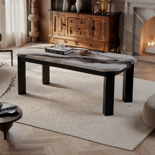 Sunvega Contemporary Faux Panda Marble Coffee Table with Black Wooden Legs