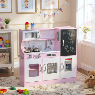 Sunvega Kids Kitchen Playset with Chalkboard, Toy Phone, Ice Maker, Microwave, and Sink