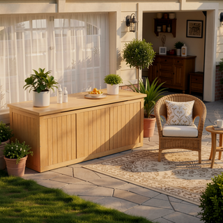 Sunvega 67 Gallon Outdoor Wooden Deck Box with Seat and Table Top