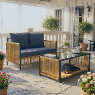 Sunvega Outdoor PE Wicker Sofa Set with Grey Cushions and Coffee Table