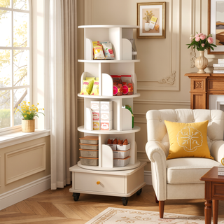 Sunvega 360° Rotating Bookshelf with Wheels and Drawer for Space-Saving Storage