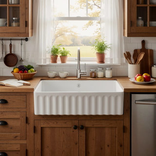 Sunvega 33 Inch White Porcelain Ceramic Farmhouse Kitchen Sink Workstation with Reversible Apron