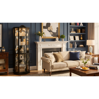 Sunvega Antique Glass Corner Cabinet with Adjustable Shelves and Built-in Light