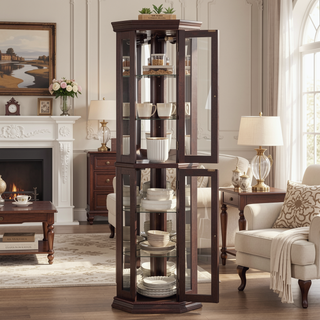 Sunvega Corner Curio Cabinet with LED Lighting and 4 Adjustable Glass Shelves