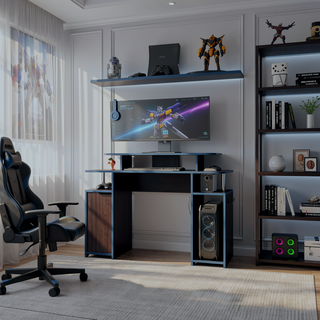 Sunvega Blue Accented Minimalist Gaming Desk with Elevated Monitor Shelf and Storage