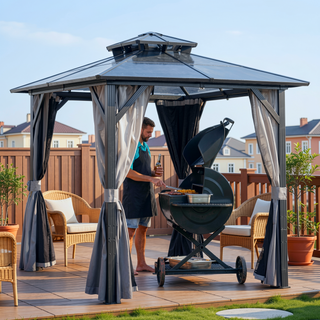Sunvega 8x8FT Hardtop BBQ Grill Gazebo with UV-Resistant Polycarbonate Roof for Patio