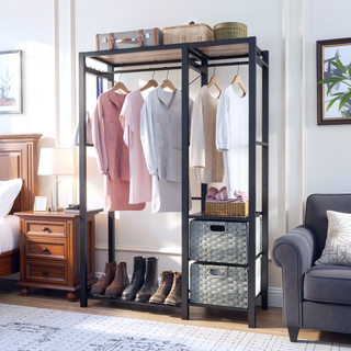 Sunvega Acacia Wood Garment Rack with Shelves 2 Wicker Drawers and 4 Hooks