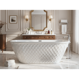 Sunvega 59 inch Freestanding Acrylic Bathtub with Diamond Pattern and Gloss White Finish