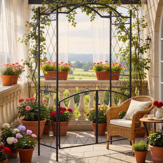 Sunvega Black Metal Garden Arch Arbor Trellis with Gate for Climbing Vines