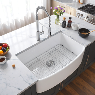 Sunvega 33 Inch White Porcelain Ceramic Farmhouse Kitchen Sink Workstation with Reversible Apron