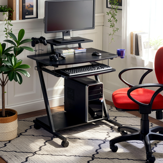 Sunvega Black Gaming Desk with Keyboard Tray and Wheels for Easy Mobility