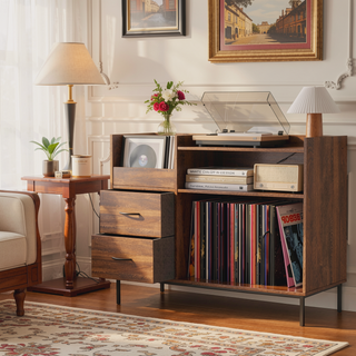 Sunvega Turntable Stand with Power Outlet Flip-Down Lid Storage for 300+ Vinyls