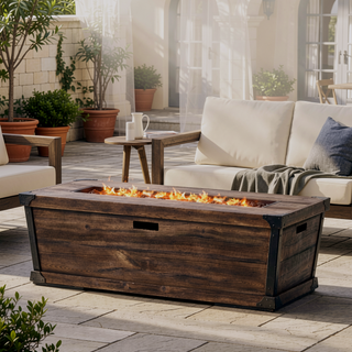 Sunvega 56-Inch Rectangle Rustic Wood Pattern Concrete Gas Fire Pit Table 50,000 BTU