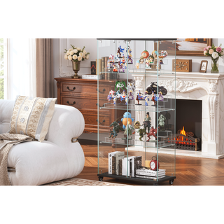 Sunvega 4 Tier Glass Display Cabinet with Lock and Wheels for Living Room