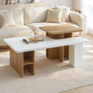 Sunvega Set of 2 Wood Finish Nesting Coffee Tables for Farmhouse Living Room