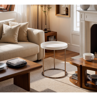 Sunvega Mid-Century White Lipped Edge Side Table with Copper Metal Legs
