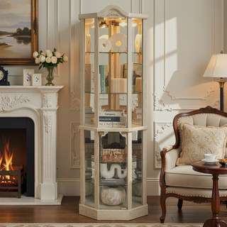 Sunvega Antique Glass Corner Cabinet with Adjustable Shelves and Built-in Light