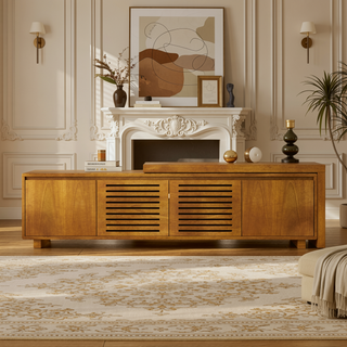 Sunvega Expandable Mid-Century Modern TV Stand for 55-75" TVs with Vintage Wood Grain