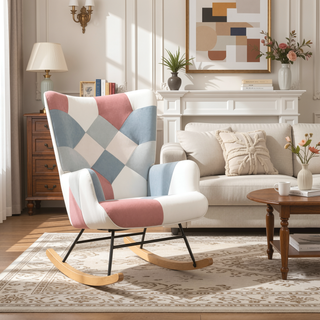 Sunvega Mid Century Patchwork Linen Fabric Rocking Chair with Ottoman for Livingroom Bedroom