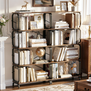 Sunvega Vintage Industrial Style 5 Tier Large Bookcase with White Metal Frame for Living Room