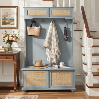 Sunvega Hall Tree Storage Bench with Rattan Door and Shoe Rack for Entryway