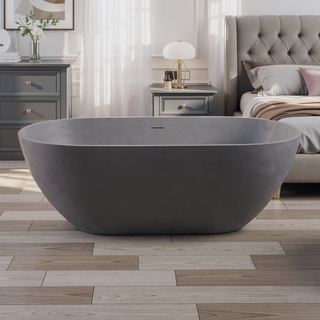 Sunvega Matte Gray 59 Inch Freestanding Stone Resin Bathtub with Overflow Drain