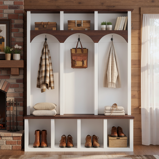 Sunvega Farmhouse Style Arched Entryway Storage Bench with 5 Hooks and 7 Cubbies
