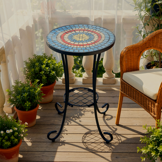 Sunvega Brown and Black Ceramic Side Table with Slatted Shelf for Patio