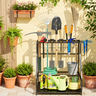 Sunvega 3-Tier Garden Tool Storage Rack with Hooks for Long-Handled Tools and Brooms