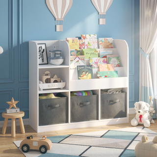Sunvega Multifunctional 4 Tier Wooden Kids Bookshelf and Toy Storage Organizer with Display Stand