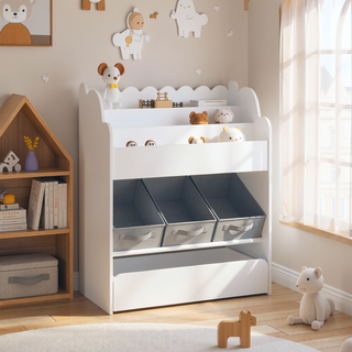 Sunvega White Wooden Kids Bookshelf with Storage Bins and a Drawer for Toys