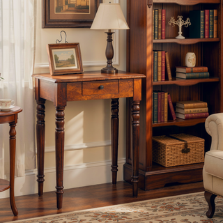 Sunvega Solid Mango Wood Writing Desk with Chestnut Finish and Hand-Carved Flute Legs