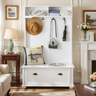 Sunvega Classic Coastal Style Entryway Bench with Open Shelves and Shoe Storage Cabinets
