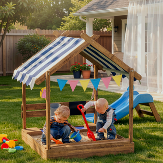 Sunvega Wooden Sandbox with Canopy House Design and Play Set for Kids