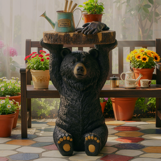 Sunvega Black Bear MGO Pedestal End Table Stool with Faux Wood-Grain Tabletop for Indoor and Outdoor Decor