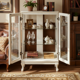 Sunvega American Retro Style Glass Curio Cabinet with Illuminated Display and Mirrored Back