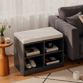 Sunvega Entryway Cabinet with Shoe Bench, 3-Tier Adjustable Shelves and Wavy Slatted Door
